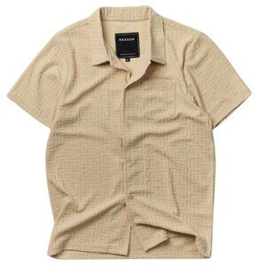 Towel Short Sleeve Embossed Pattern Button Down Shirt - Khaki